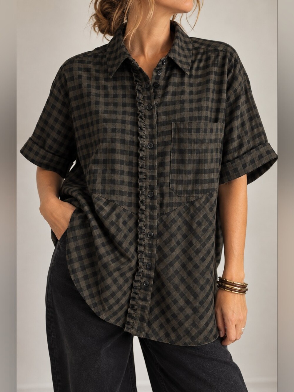 Joelle Plaid Ruffle Button-Up Blouse โ XL
